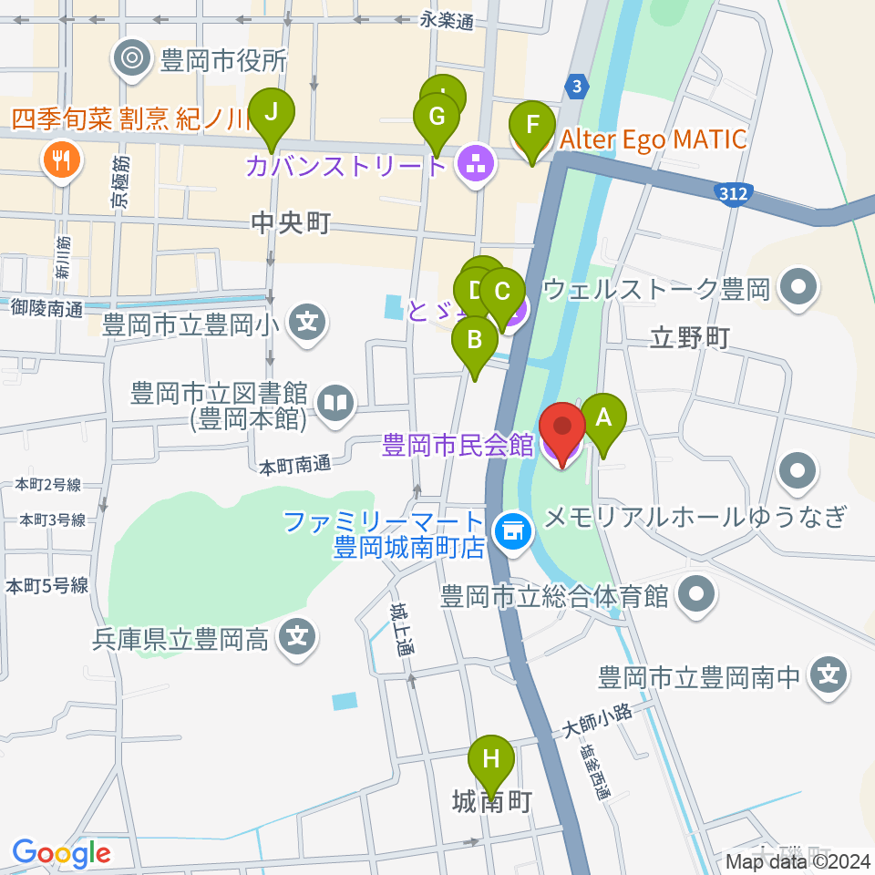 豊岡市民会館周辺のカフェ一覧地図