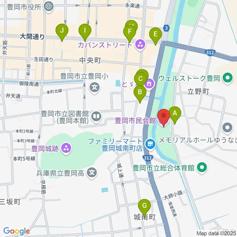 豊岡市民会館周辺のカフェ一覧地図