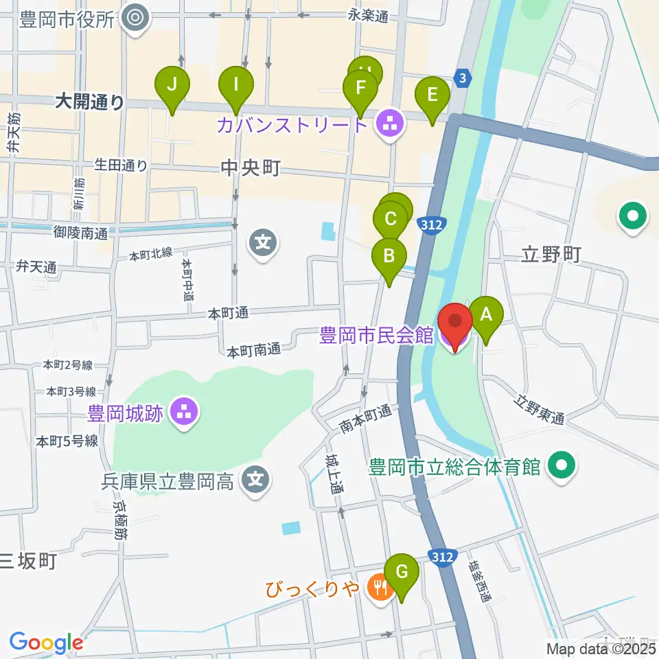豊岡市民会館周辺のカフェ一覧地図
