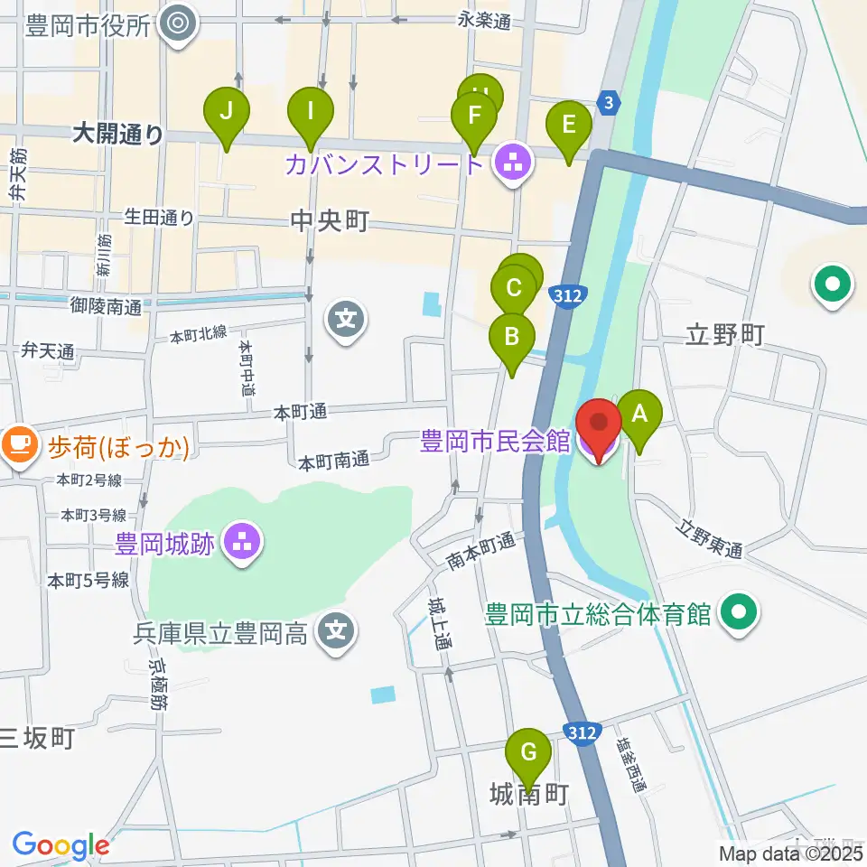 豊岡市民会館周辺のカフェ一覧地図