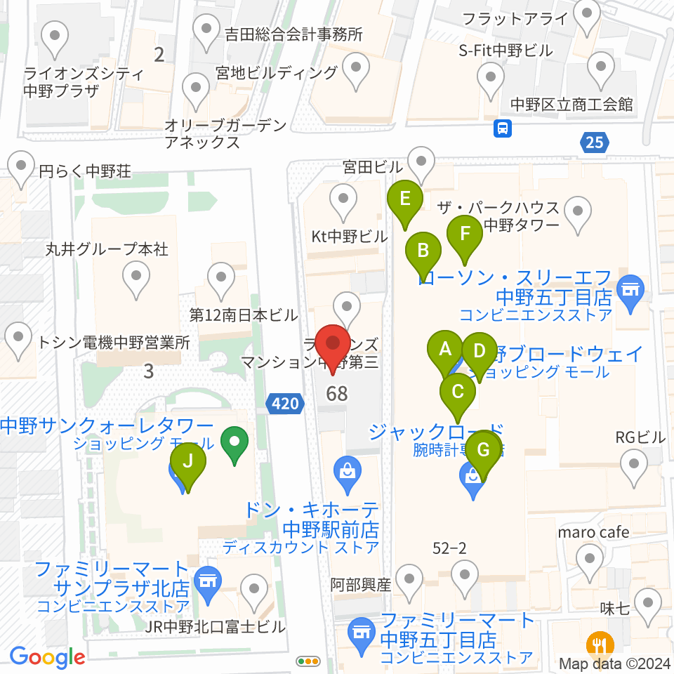 なかの芸能小劇場周辺のカフェ一覧地図