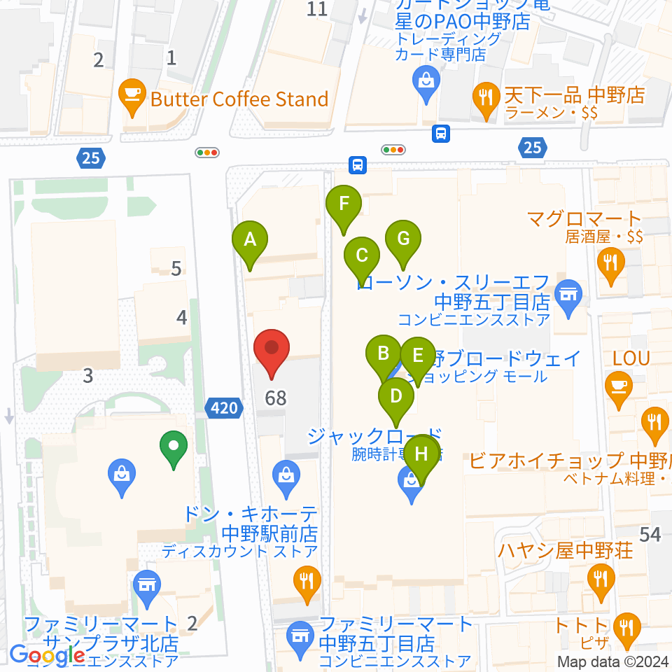 なかの芸能小劇場周辺のカフェ一覧地図