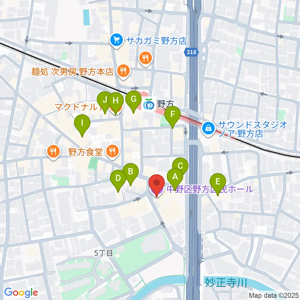 野方区民ホール周辺のカフェ一覧地図