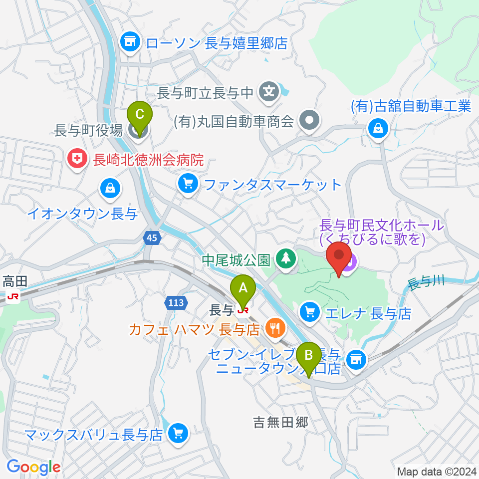 長与町民文化ホール周辺のカフェ一覧地図