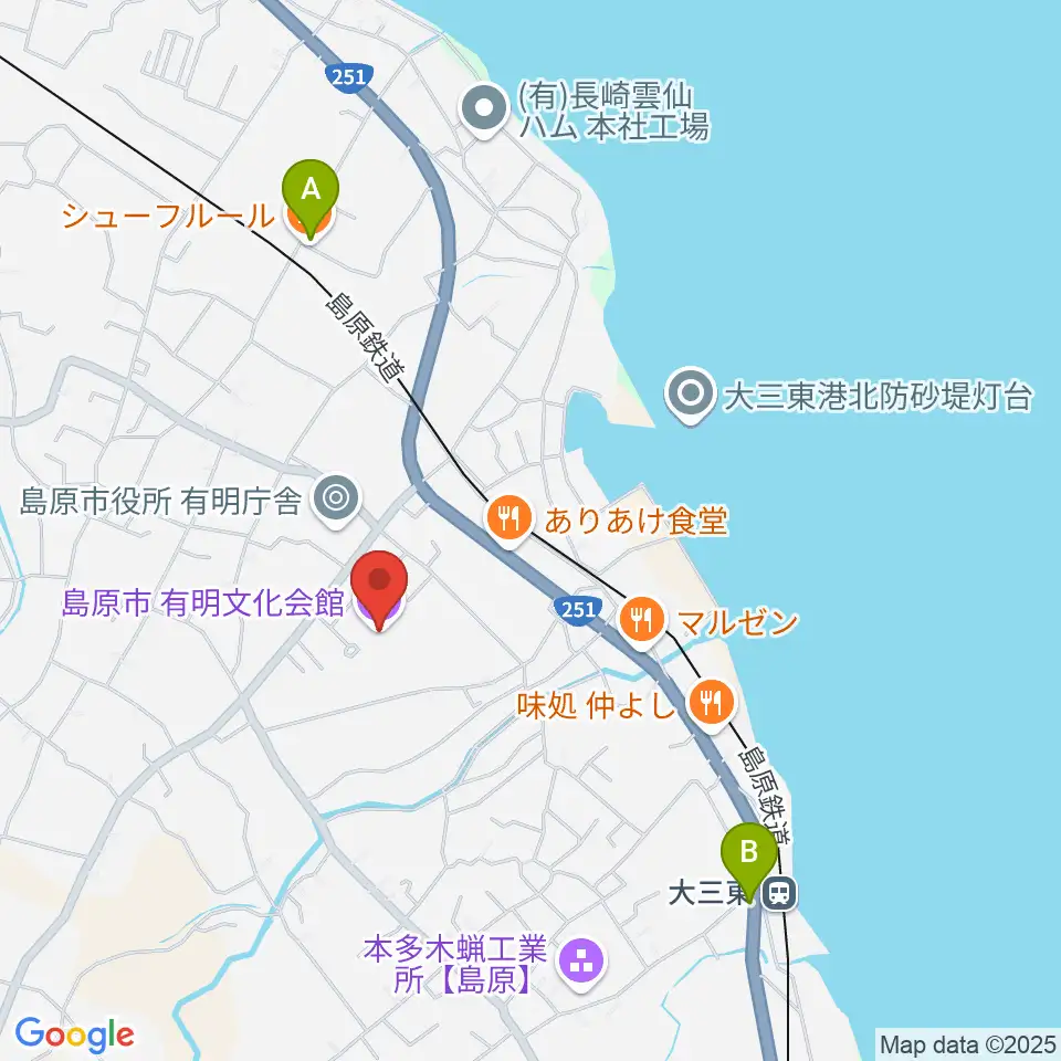 島原市有明文化会館 グリーンウェーブ周辺のカフェ一覧地図