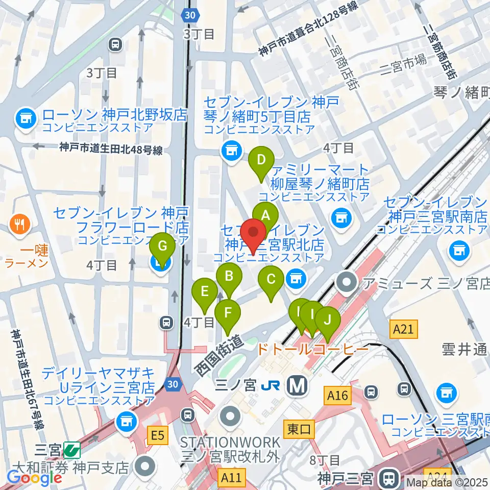 シアーミュージック 三宮校周辺のカフェ一覧地図
