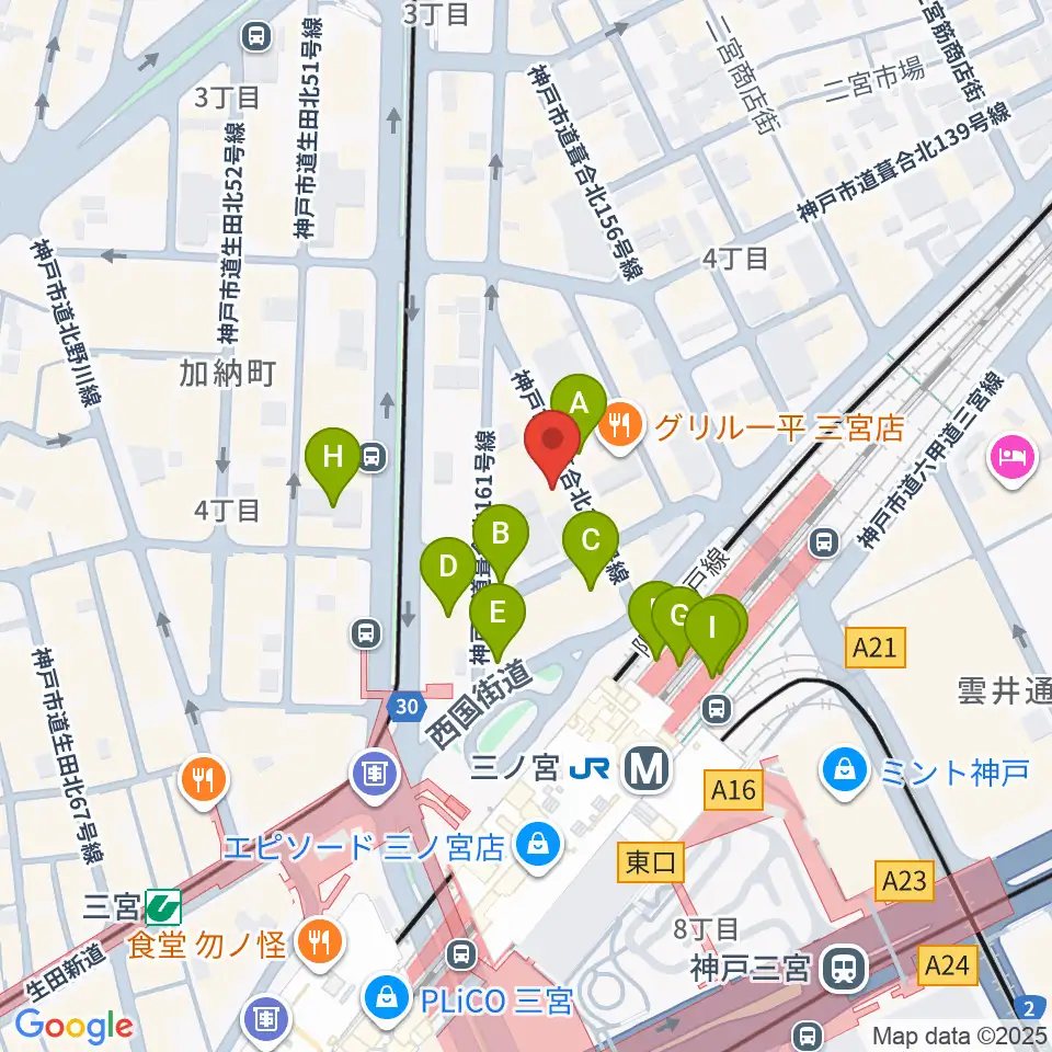 シアーミュージック 三宮校周辺のカフェ一覧地図