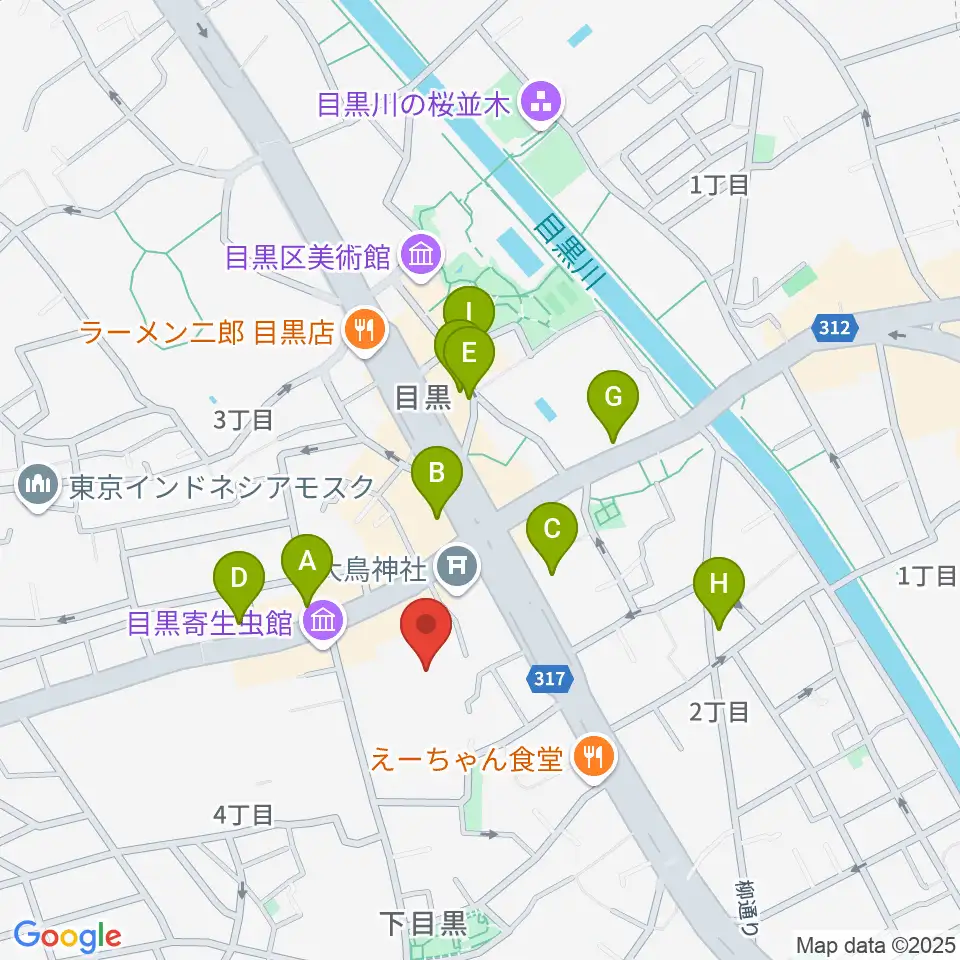 ヤマハ目黒センター周辺のカフェ一覧地図