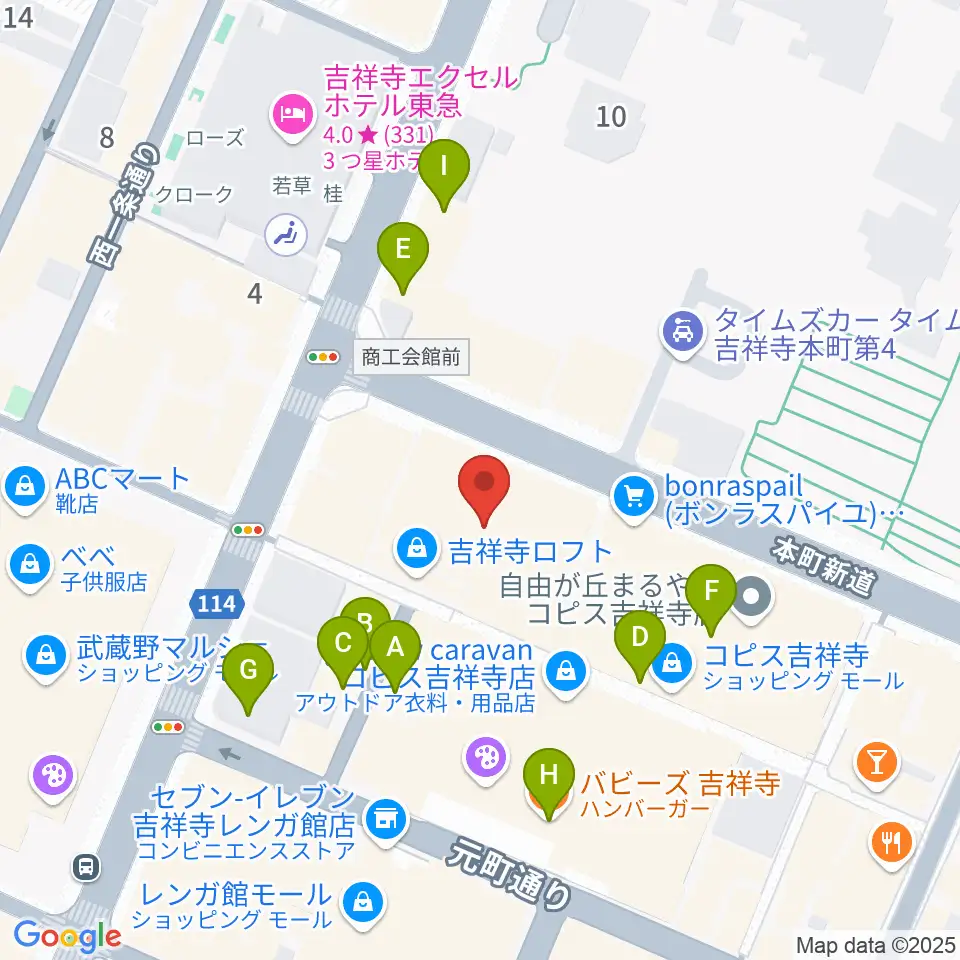宮地楽器 吉祥寺センター周辺のカフェ一覧地図