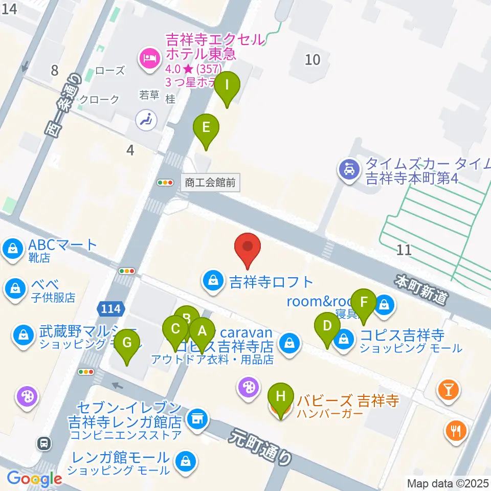 宮地楽器 吉祥寺センター周辺のカフェ一覧地図