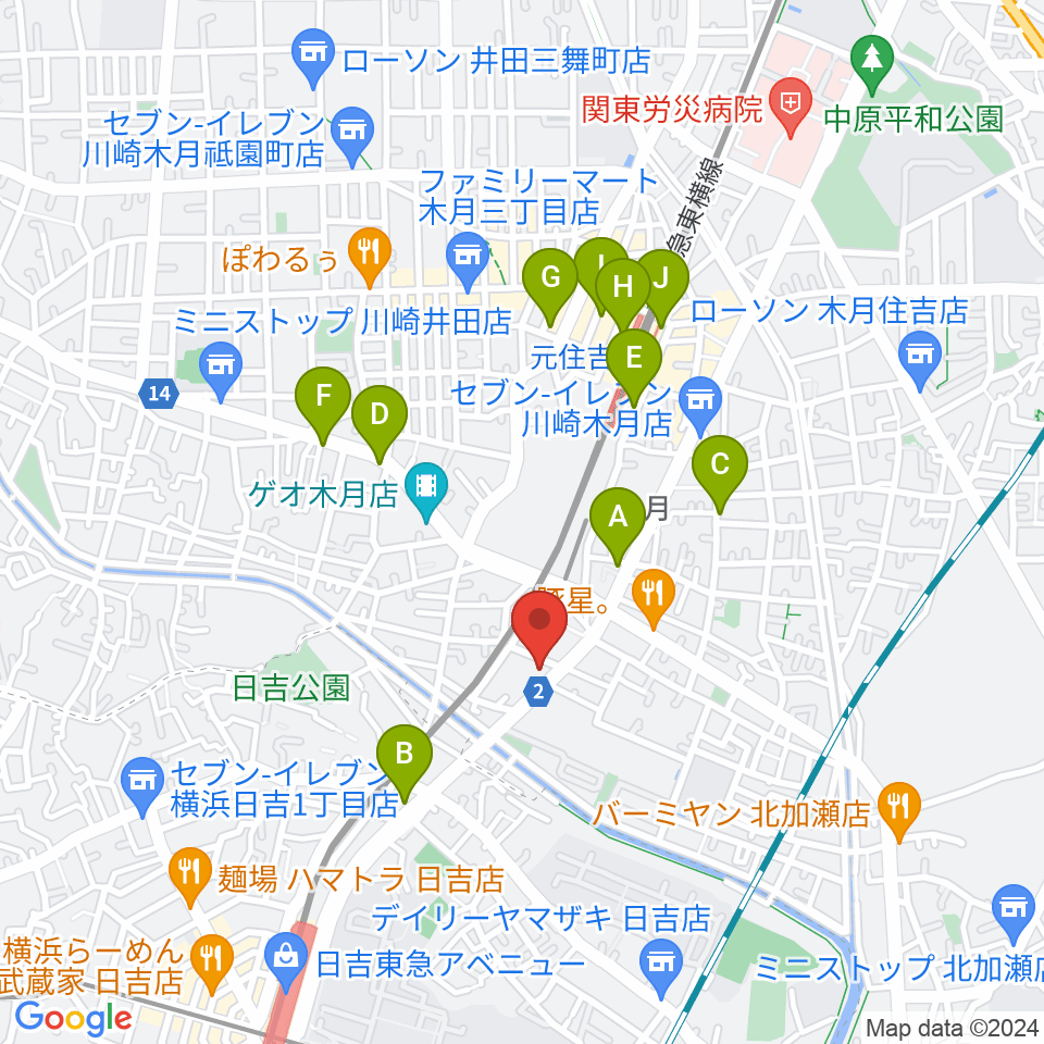 有隣堂 日吉ミュージックセンター周辺のカフェ一覧地図