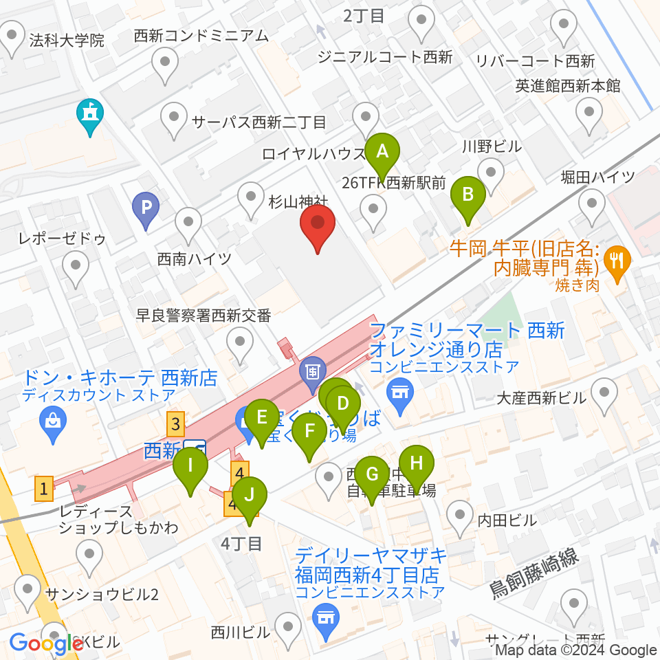ヤマハ西新センター周辺のカフェ一覧地図