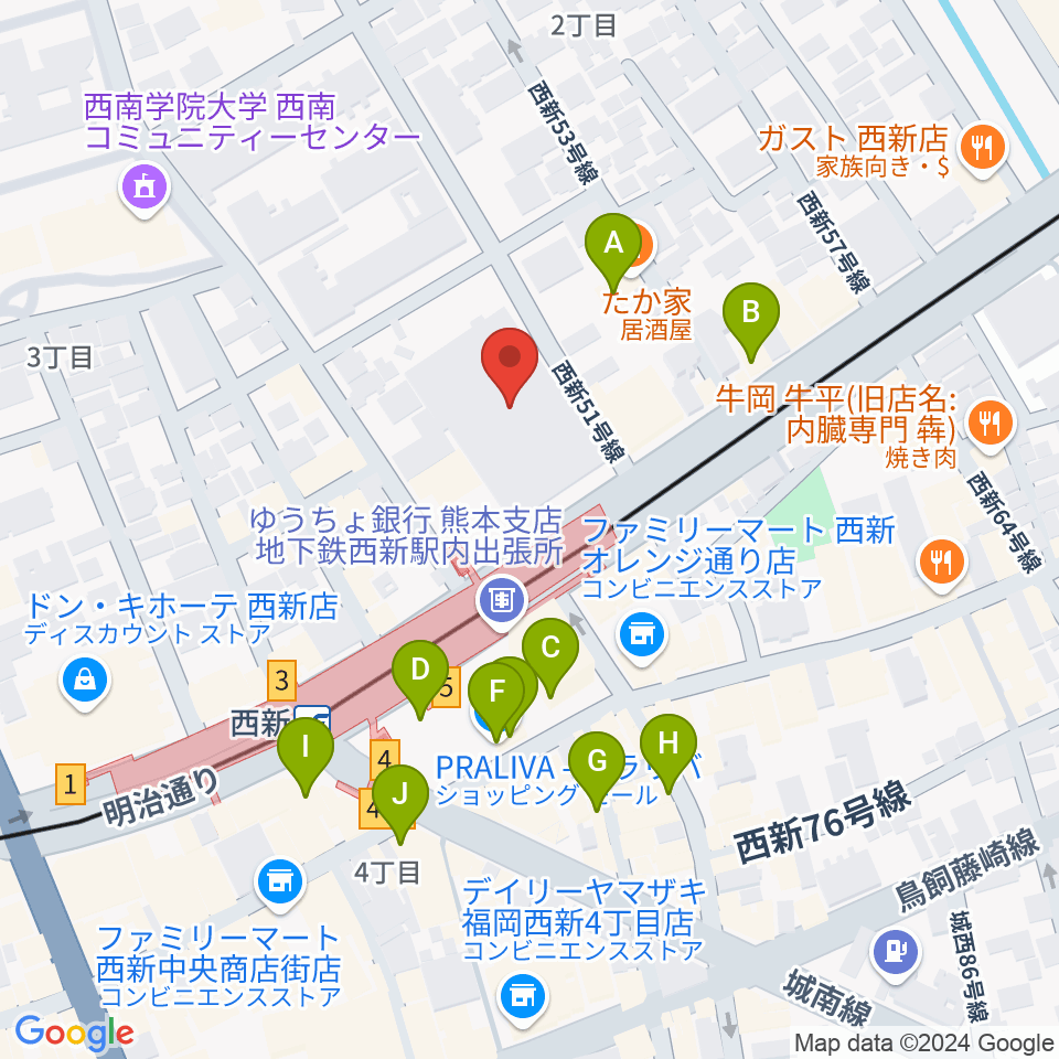 ヤマハ西新センター周辺のカフェ一覧地図