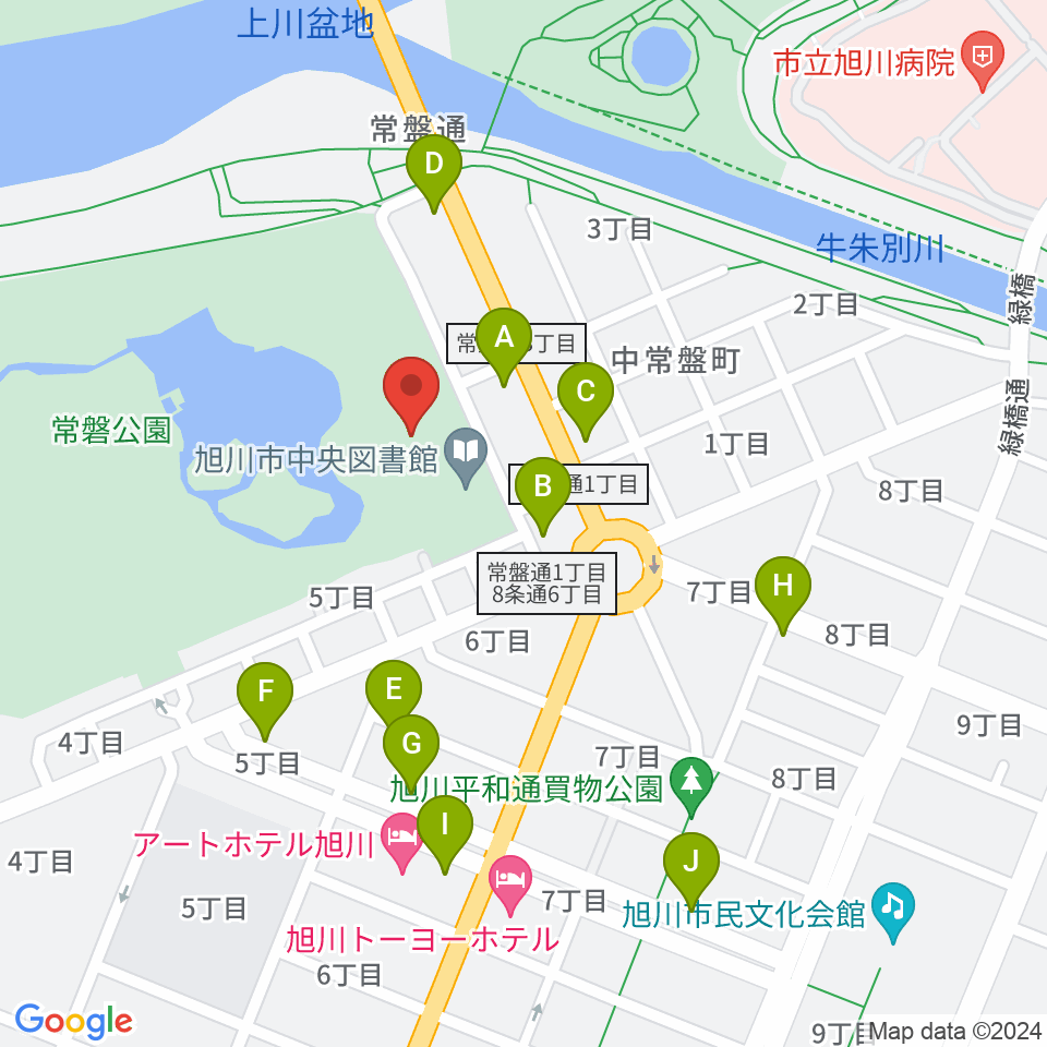 旭川市公会堂周辺のカフェ一覧地図