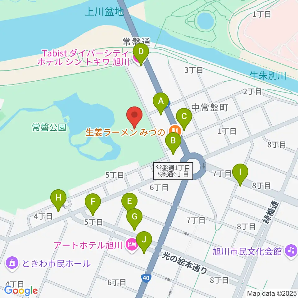 旭川市公会堂周辺のカフェ一覧地図