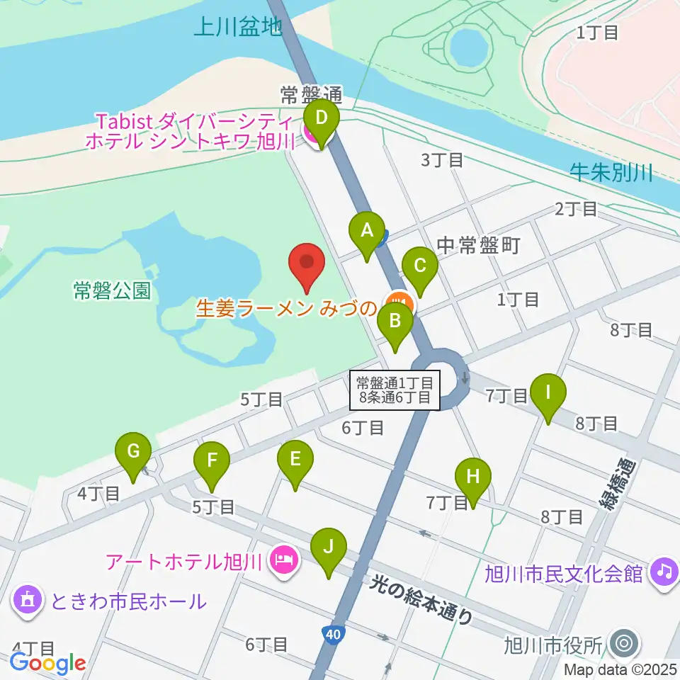 旭川市公会堂周辺のカフェ一覧地図