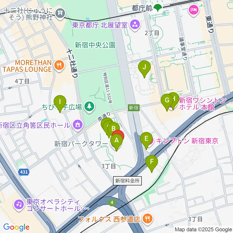 新宿パークタワーホール周辺のカフェ一覧地図
