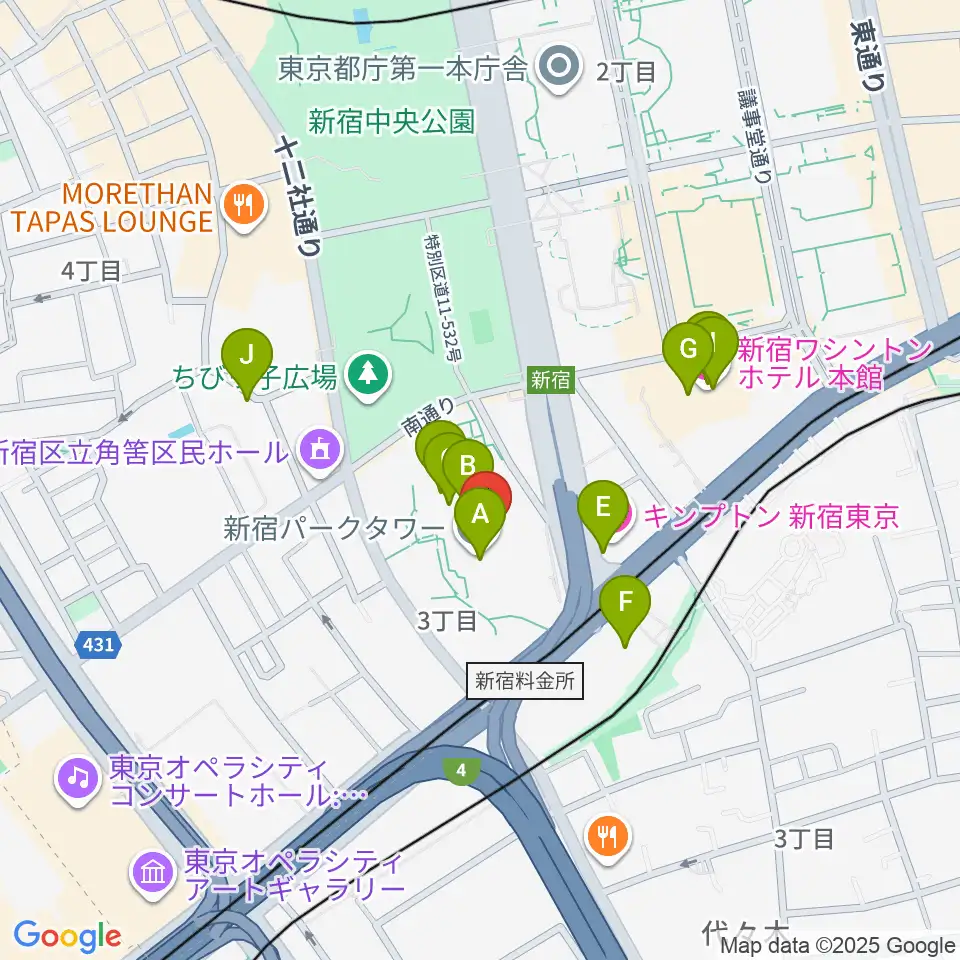 新宿パークタワーホール周辺のカフェ一覧地図