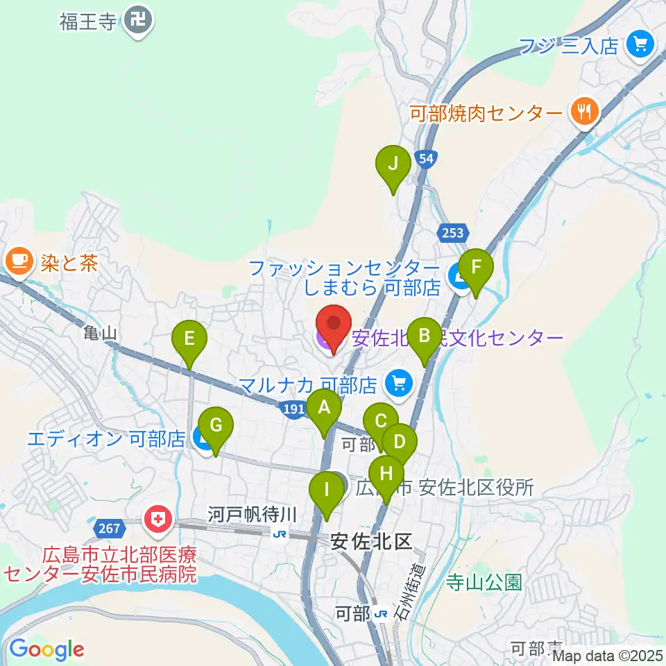 安佐北区民文化センター周辺のカフェ一覧地図