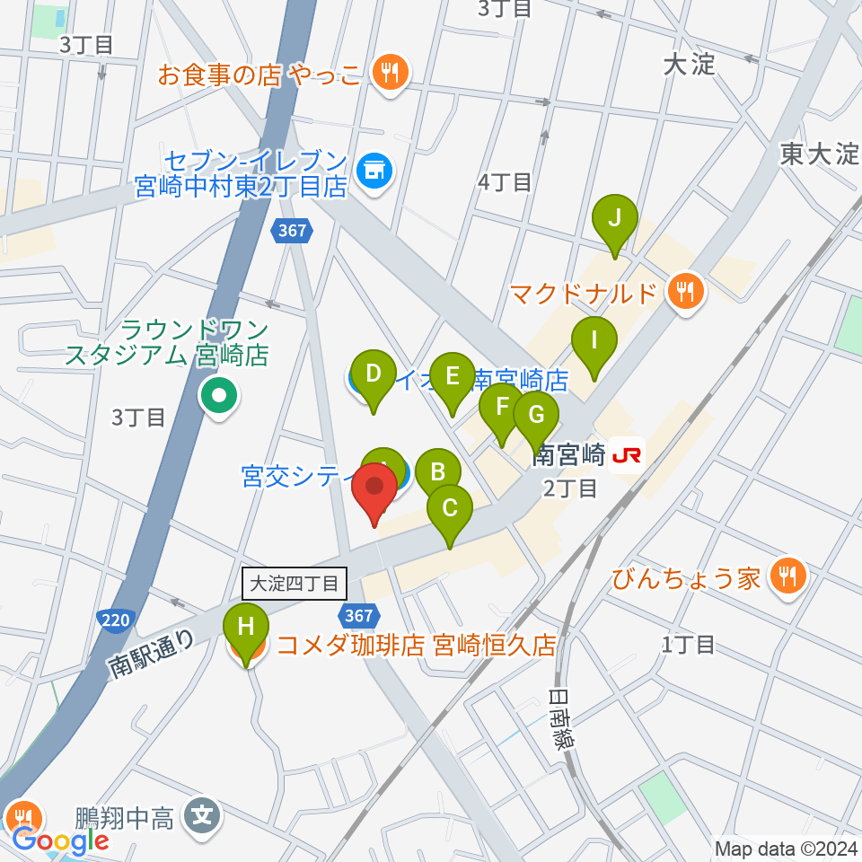 宮崎サンシャインFM周辺のカフェ一覧地図