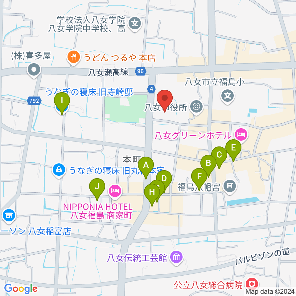 八女市民会館 おりなす八女周辺のカフェ一覧地図