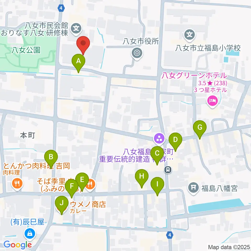 八女市民会館 おりなす八女周辺のカフェ一覧地図