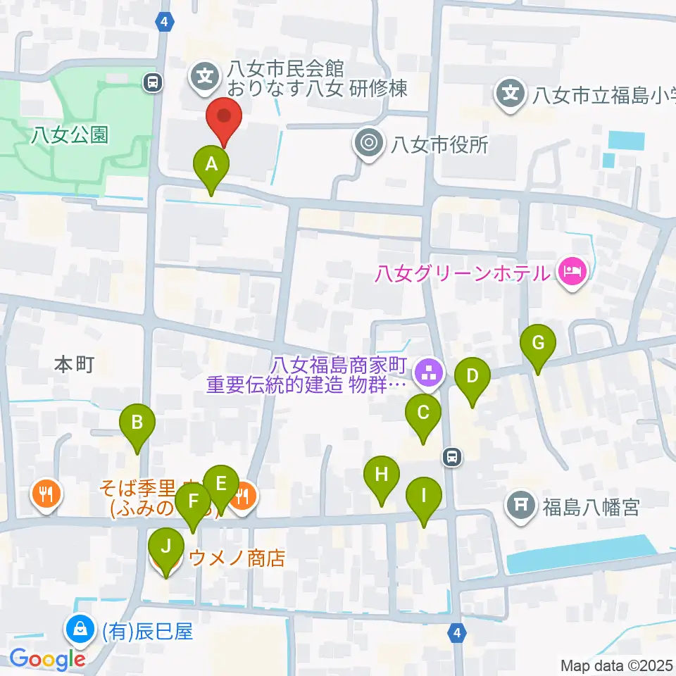 八女市民会館 おりなす八女周辺のカフェ一覧地図