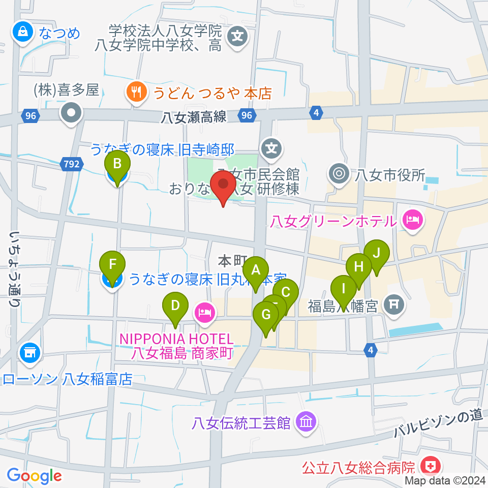 八女文化会館周辺のカフェ一覧地図