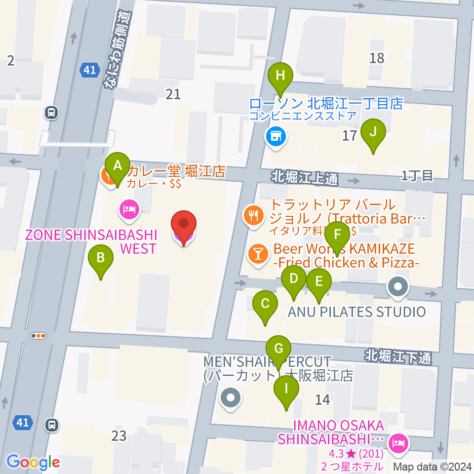 北堀江club vijon周辺のカフェ一覧地図