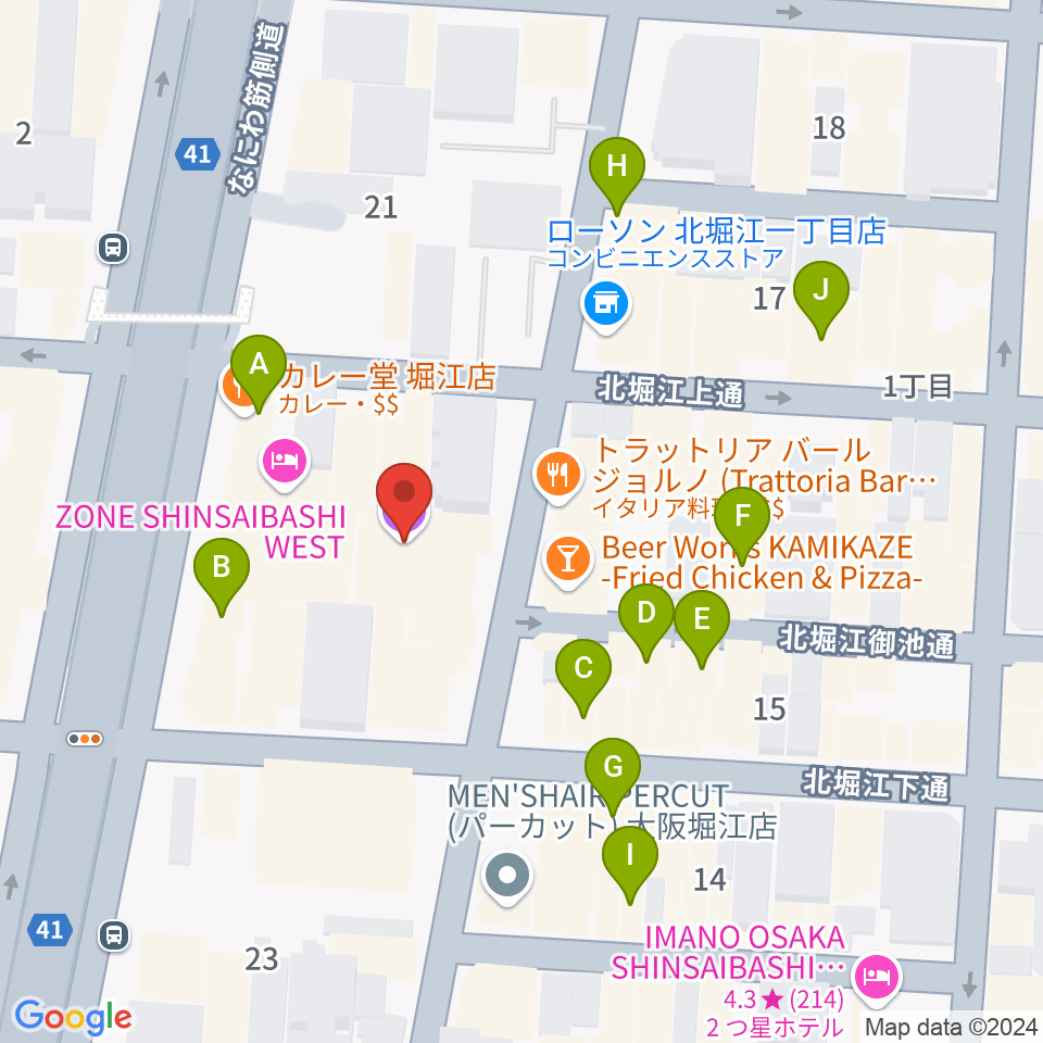 北堀江club vijon周辺のカフェ一覧地図