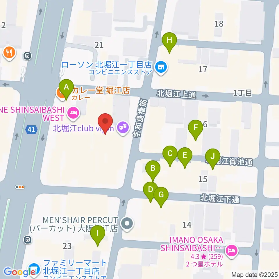 北堀江club vijon周辺のカフェ一覧地図