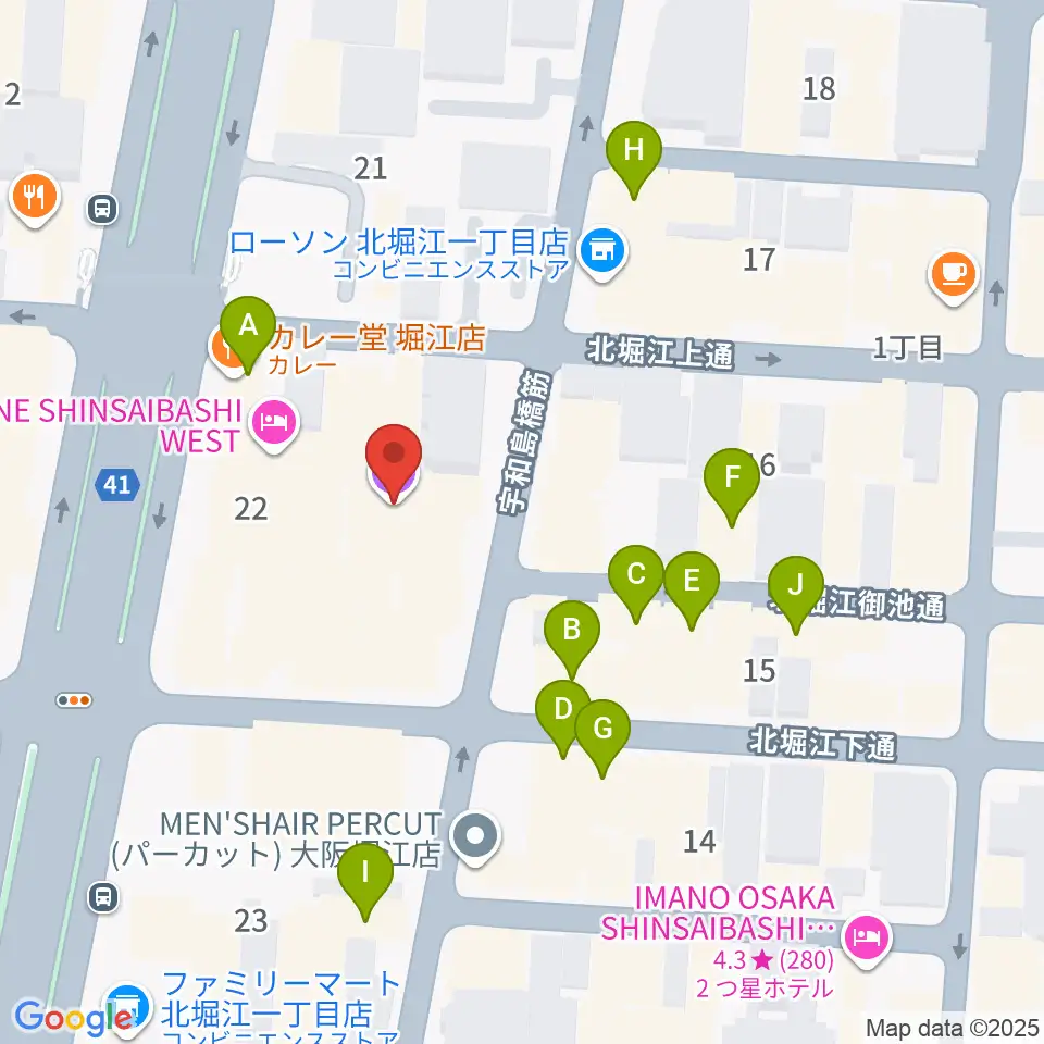 北堀江club vijon周辺のカフェ一覧地図