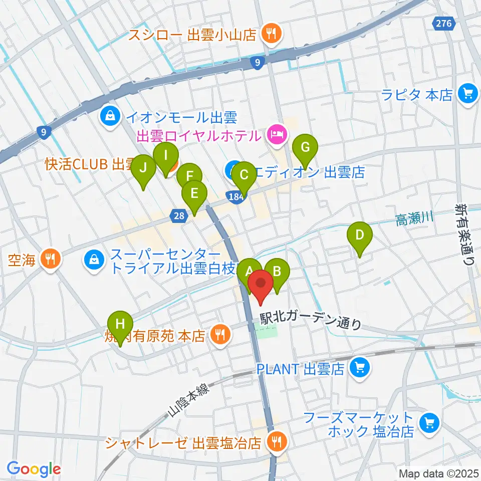 出雲市民会館周辺のカフェ一覧地図