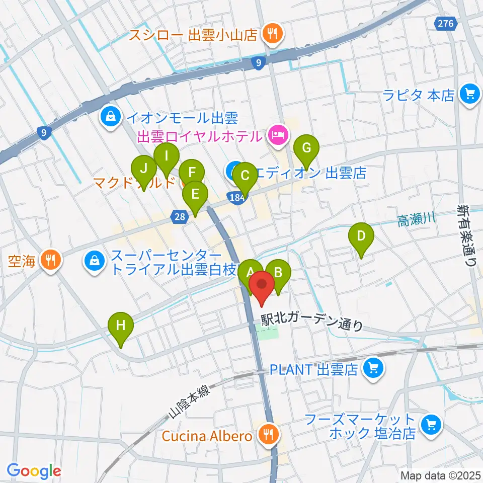 出雲市民会館周辺のカフェ一覧地図