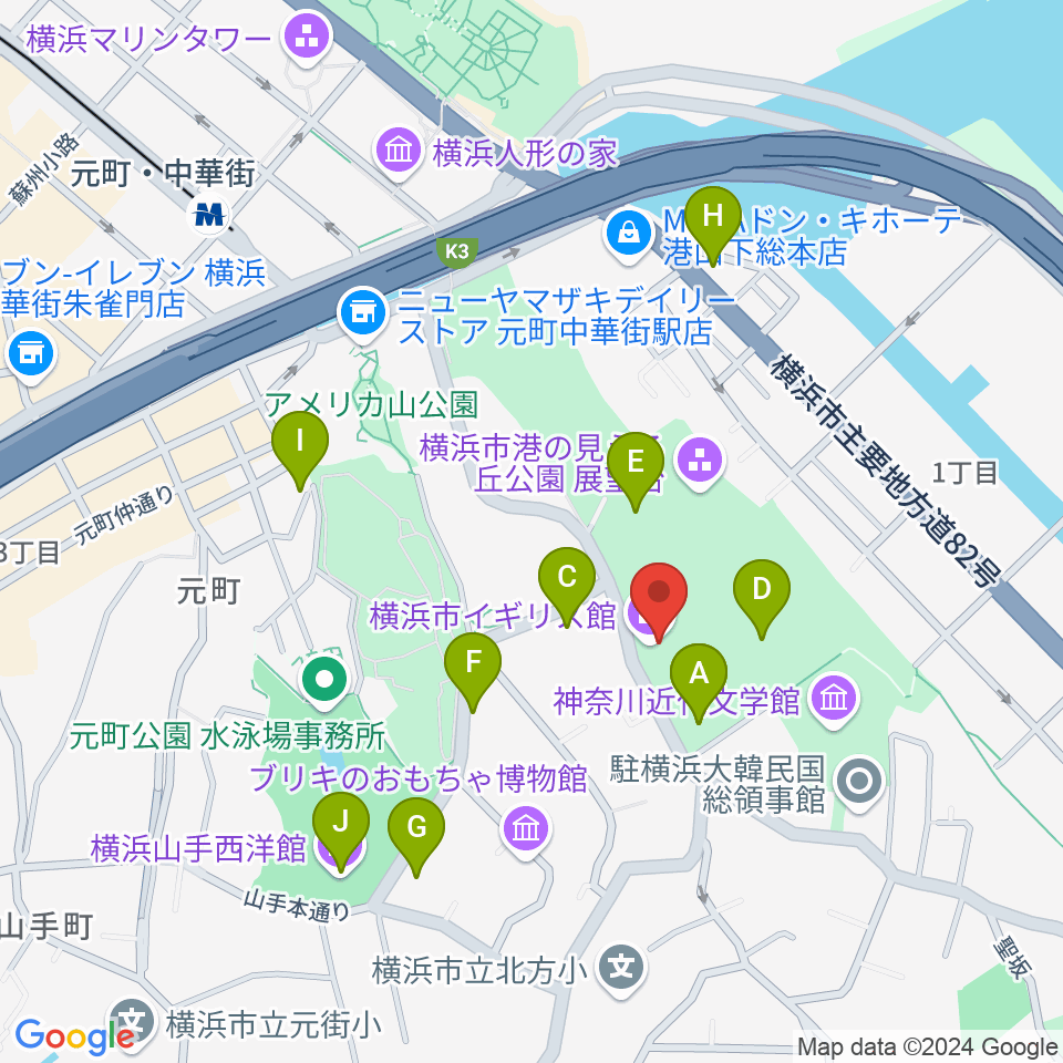 横浜市イギリス館周辺のカフェ一覧地図