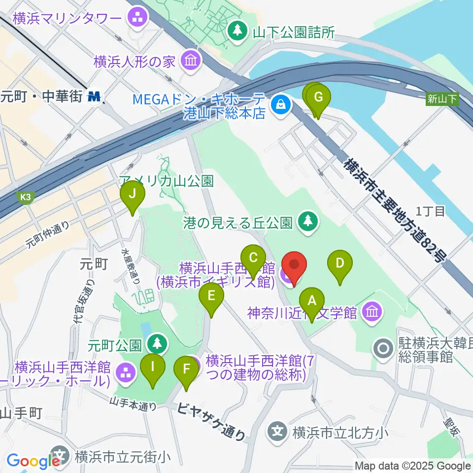 横浜市イギリス館周辺のカフェ一覧地図
