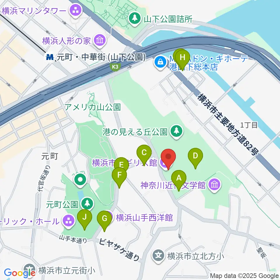 横浜市イギリス館周辺のカフェ一覧地図