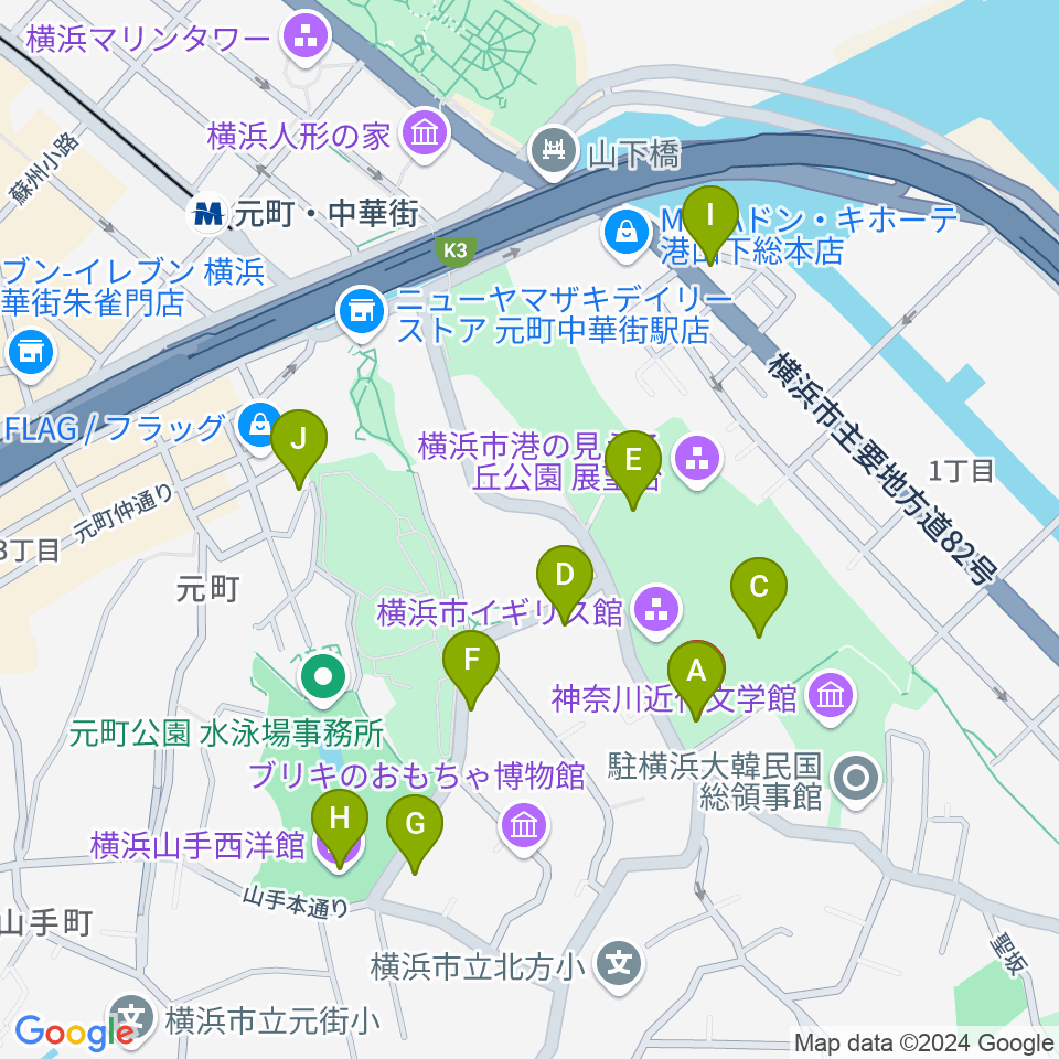 山手111番館周辺のカフェ一覧地図