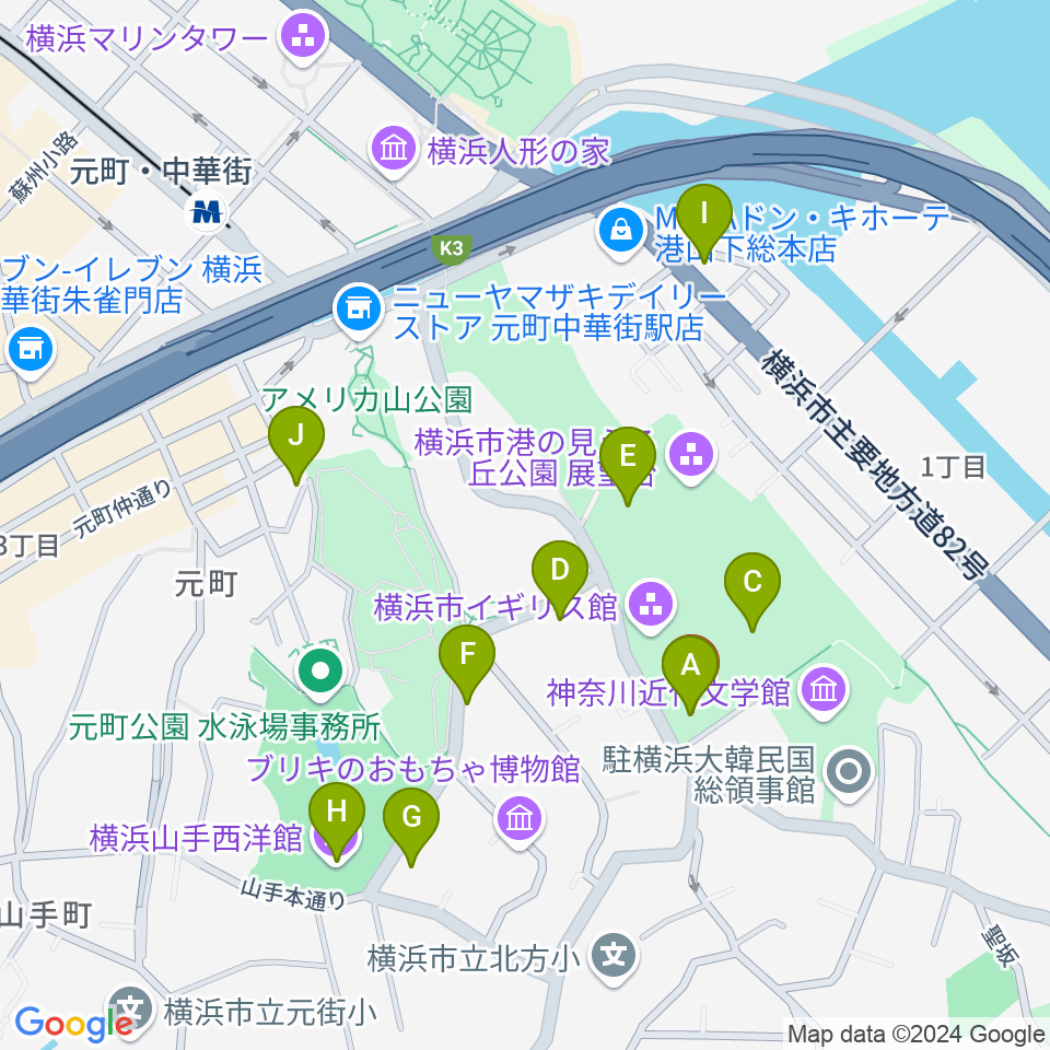 山手111番館周辺のカフェ一覧地図