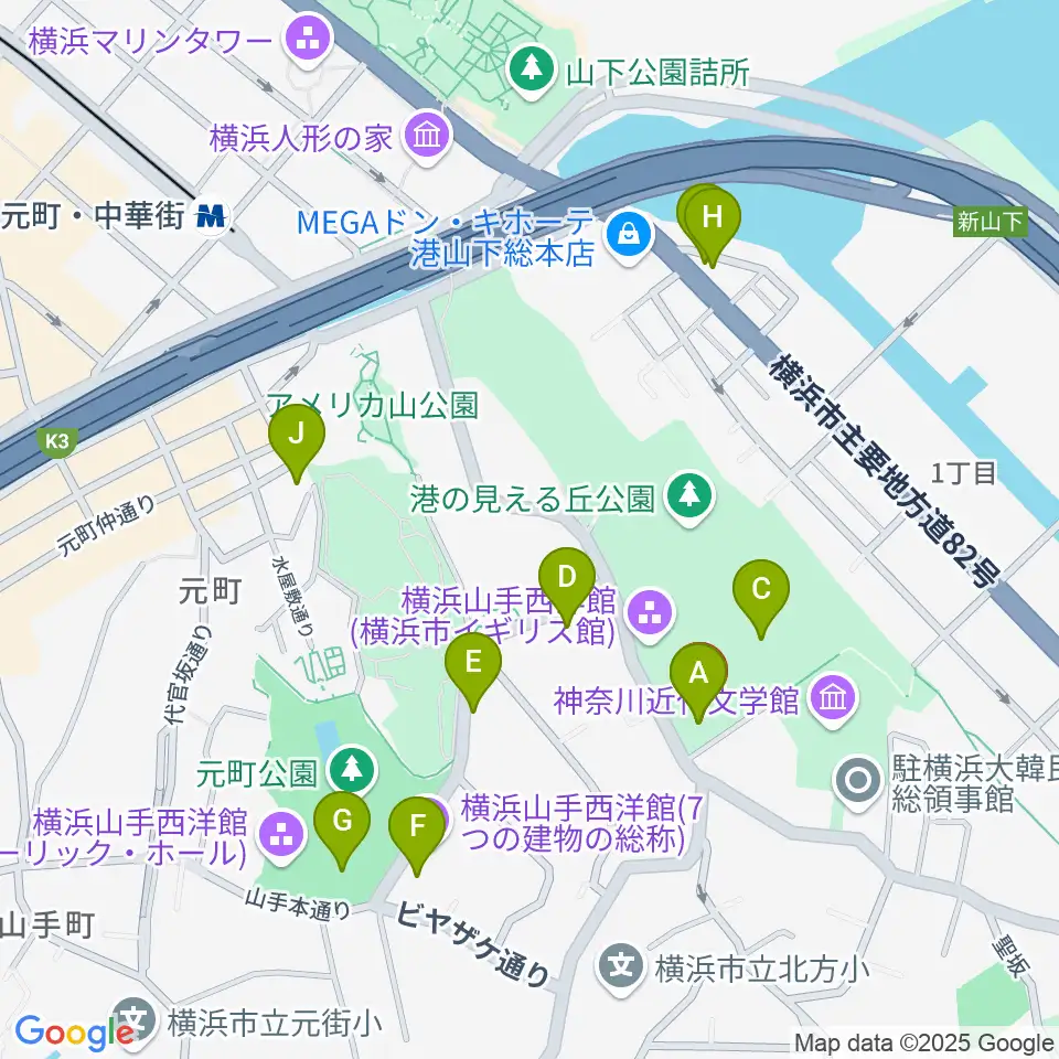 山手111番館周辺のカフェ一覧地図