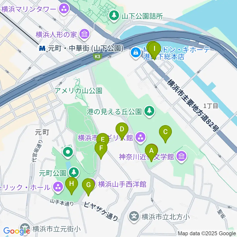 山手111番館周辺のカフェ一覧地図