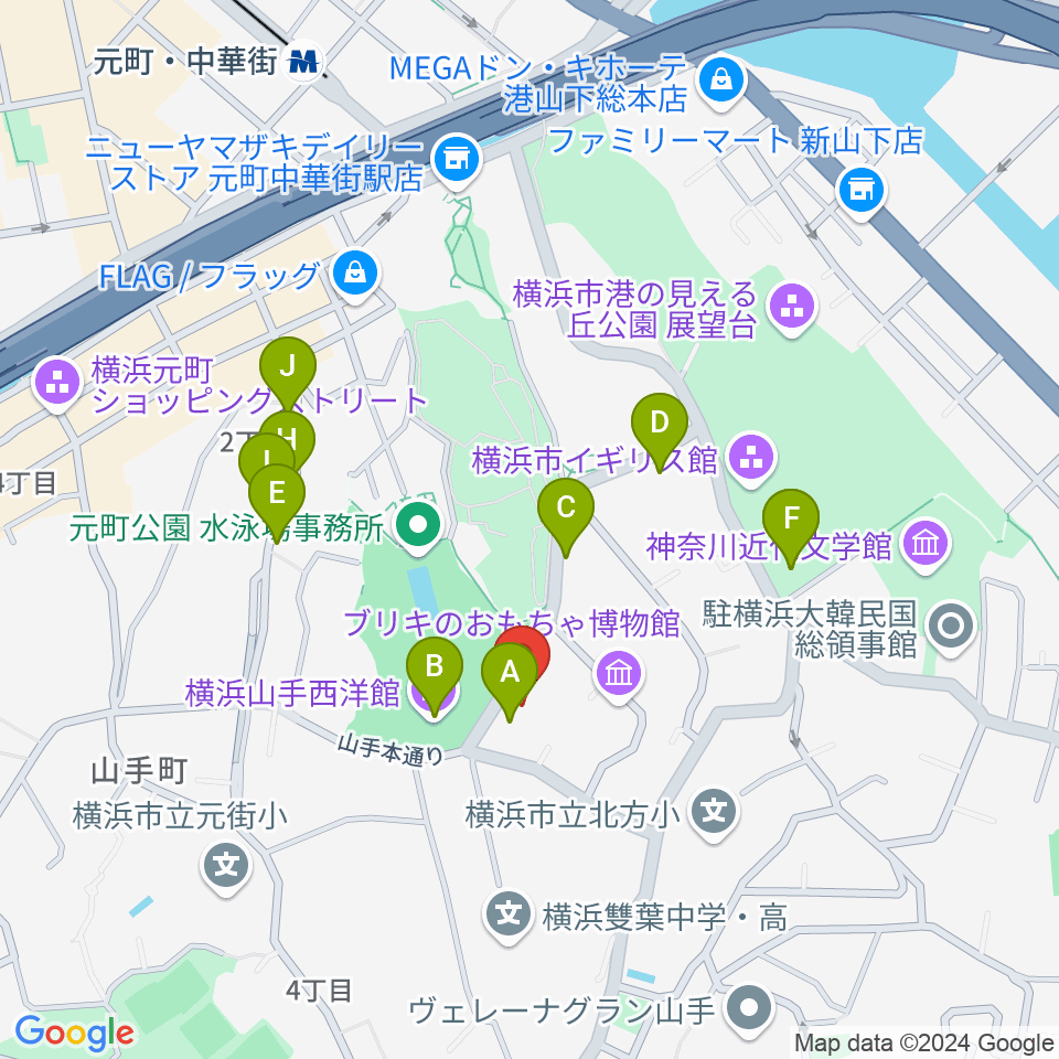 山手234番館周辺のカフェ一覧地図