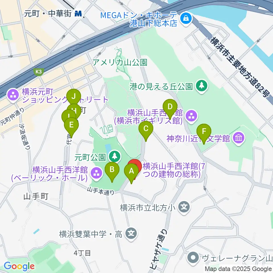 山手234番館周辺のカフェ一覧地図