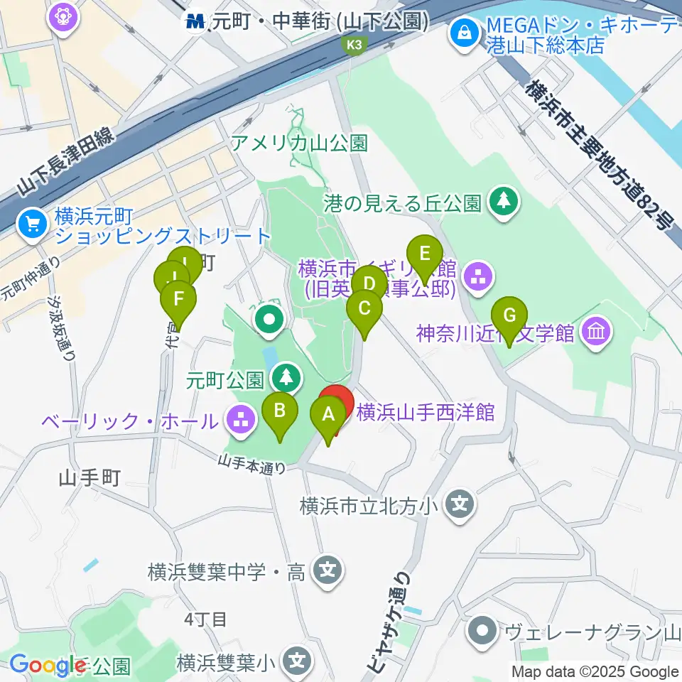 山手234番館周辺のカフェ一覧地図