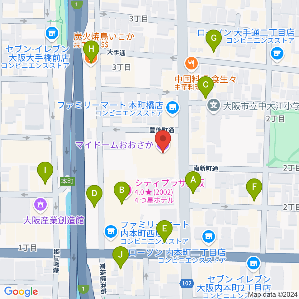 マイドームおおさか周辺のカフェ一覧地図