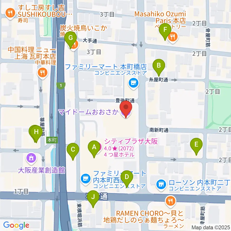マイドームおおさか周辺のカフェ一覧地図
