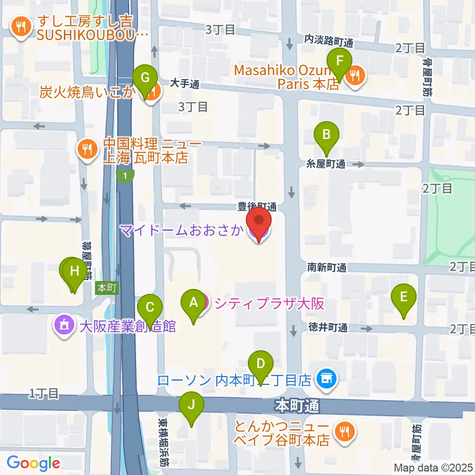マイドームおおさか周辺のカフェ一覧地図