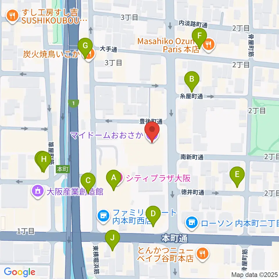 マイドームおおさか周辺のカフェ一覧地図