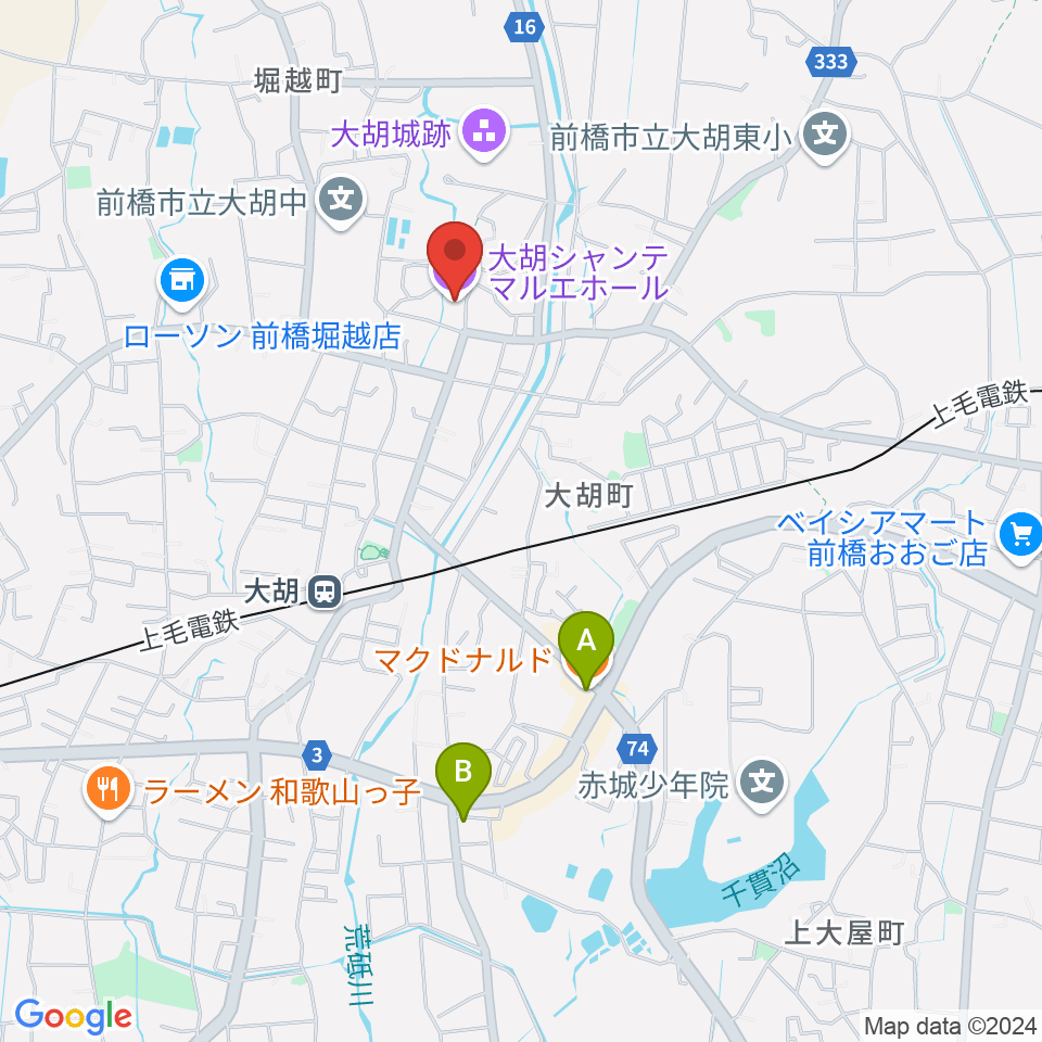 大胡シャンテ マルエホール周辺のカフェ一覧地図