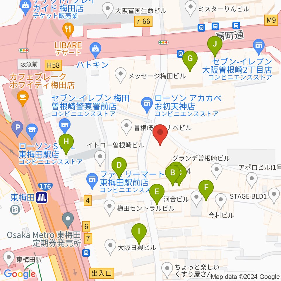 梅田アムホール周辺のカフェ一覧地図